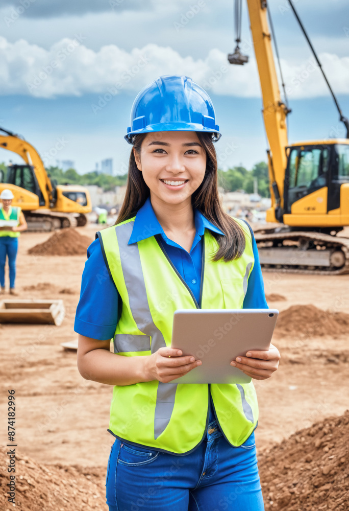 A portrait of a construction worker in the middle of a construction site A portrait of a construction worker in the middle of a construction site