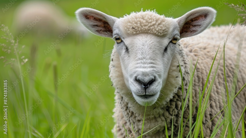 Meadow's Gentle Nibbler. Close-Up of Grazing Sheep. Meadow's Gentle Nibbler. Close-Up of Grazing Sheep.
