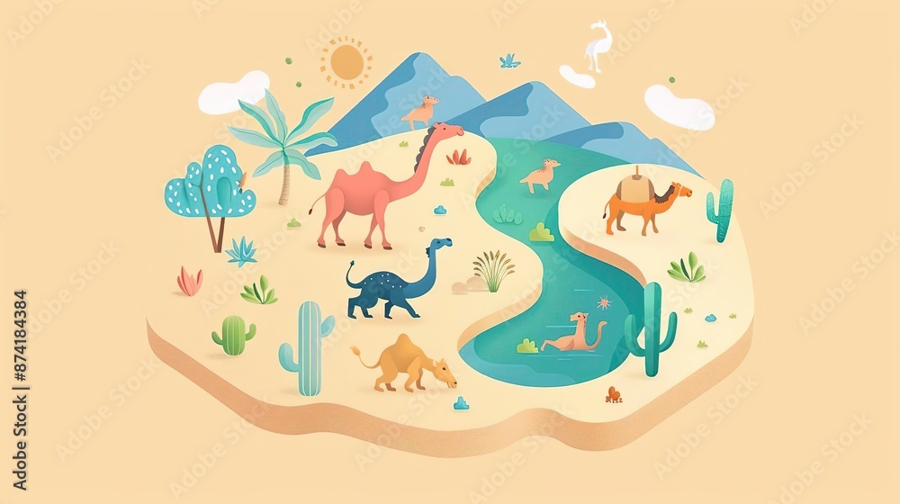 Cute cartoon camel desert oasis landscape illustration. Cute cartoon camel desert oasis landscape illustration.