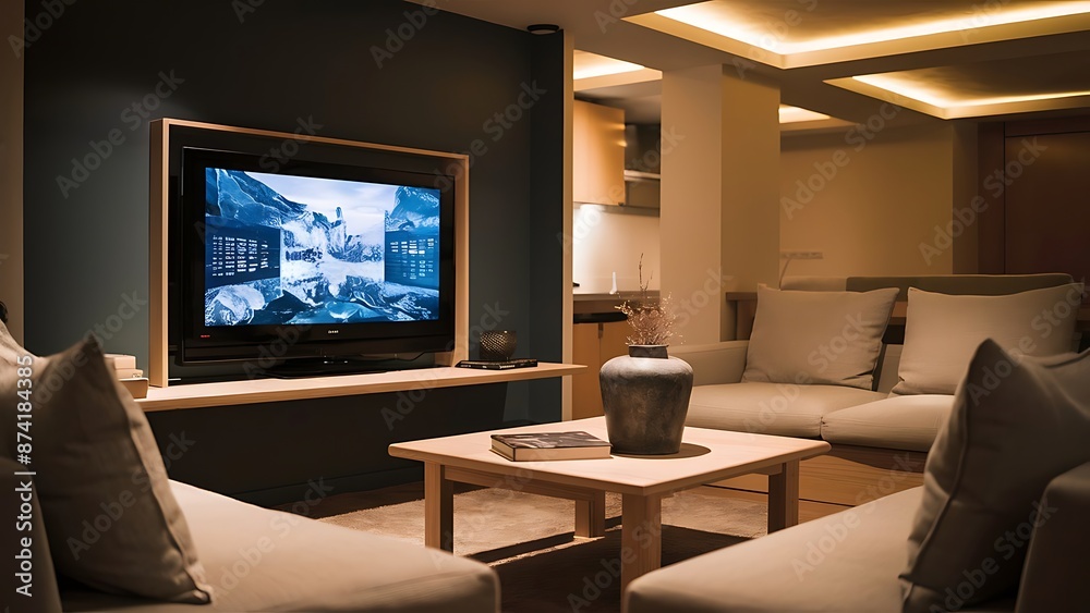 Led tv on dark blue wall with wooden table in living room Led tv on dark blue wall with wooden table in living room