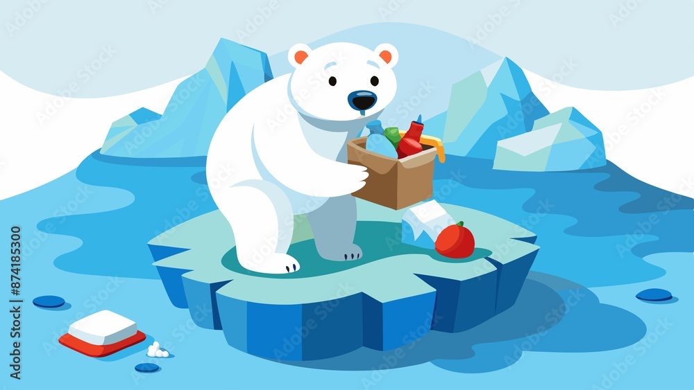 Cartoon polar bear with recyclable plastic bag standing on melting