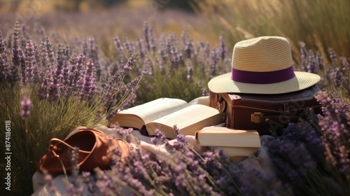 A book, an open hat and wicker picnic basket in the middle of lavender fields 