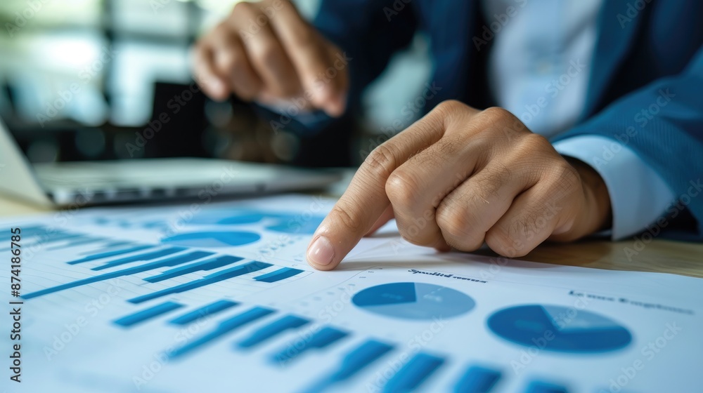 Businessman analyzing and pointing at successful financial business chart and sales data, reflecting effective stock market strategy and planning. Businessman analyzing and pointing at successful financial business chart and sales data, reflecting effective stock market strategy and planning.