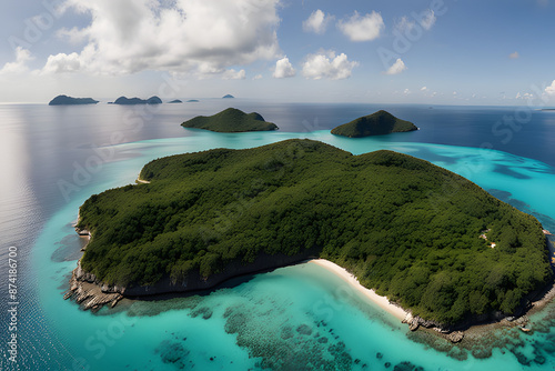 Soar through the skies and witness the breathtaking beauty of the Kerama Islands. These captivating aerial drone shots showcase the pristine landscapes of this tropical paradise. photo