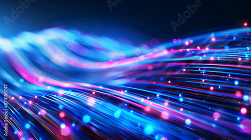 Optical data with abstract glowing lines on dark background. High-speed data transmission with fiber optic technology in the digital era