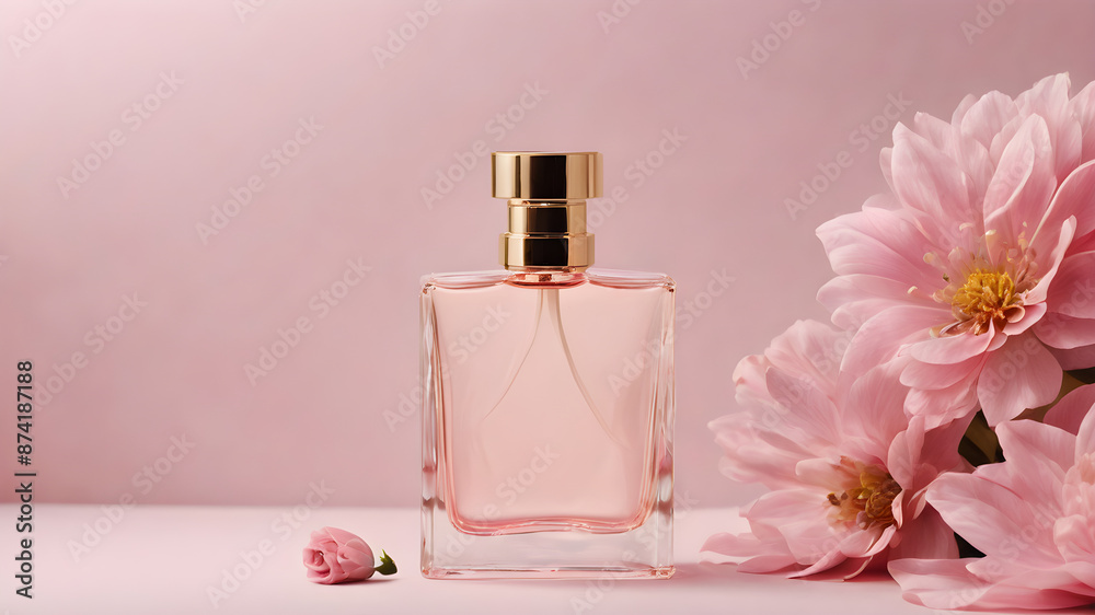 soft pink bottle of perfume with flower soft pink bottle of perfume with flower