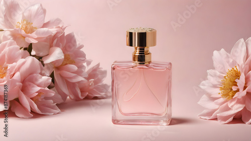 soft pink bottle of perfume with flower