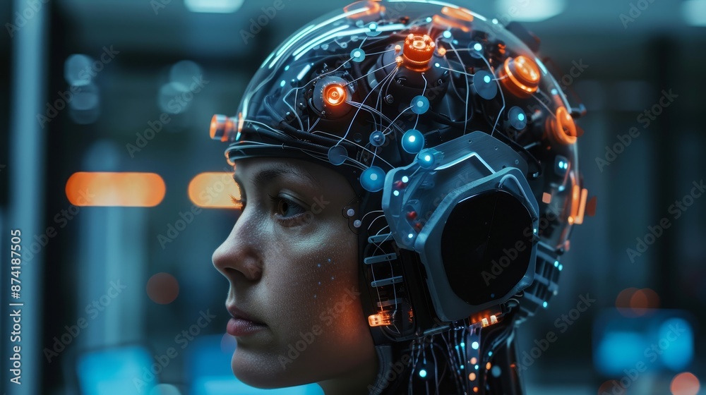 Side profile of a woman wearing a futuristic neural interface helmet with glowing lights, symbolizing advanced brain-computer technology. Side profile of a woman wearing a futuristic neural interface helmet with glowing lights, symbolizing advanced brain-computer technology.