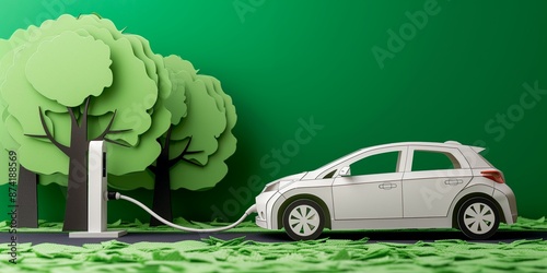 Electric car charging at a charging station with trees, symbolizing eco-friendly transportation and sustainability. Concept of green energy, environmental protection, and sustainable mobility.