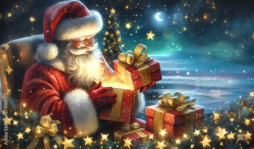 Watercolor painting of santa claus on a blue background with twinkling starlight.