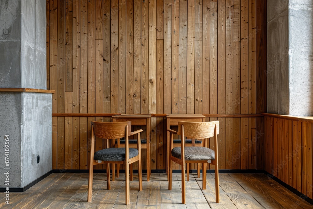 Interior of a modern cafe with wooden walls, wooden floor and chairs. Interior of a modern cafe with wooden walls, wooden floor and chairs.