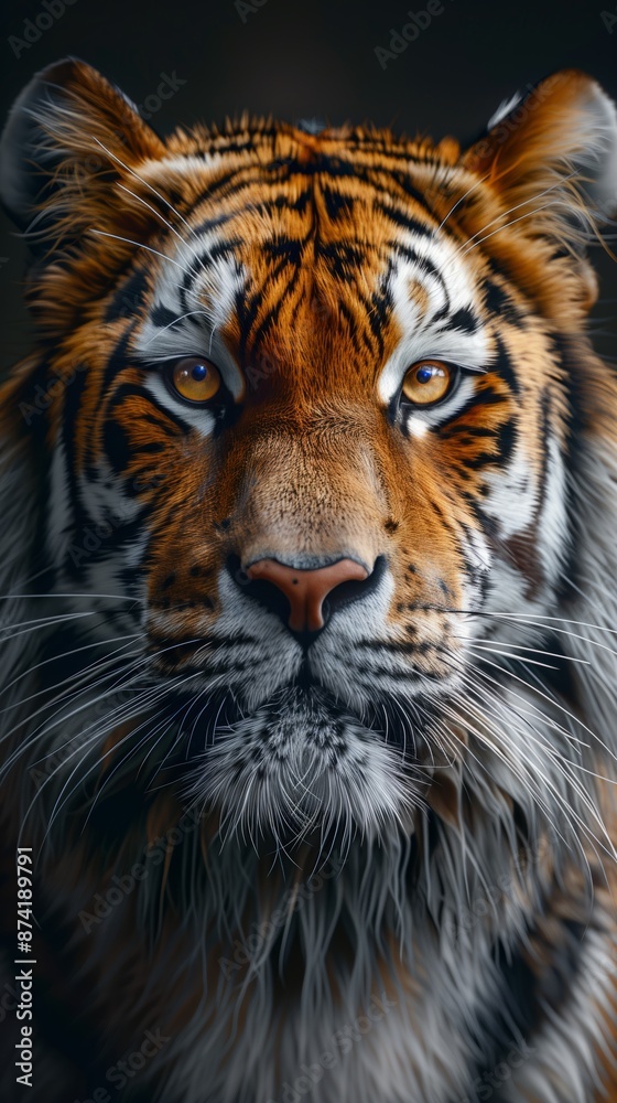 Naklejka premium A close-up portrait of a tiger, staring directly at the camera. Its orange and black stripes are clearly visible, as are its sharp teeth and piercing eyes.