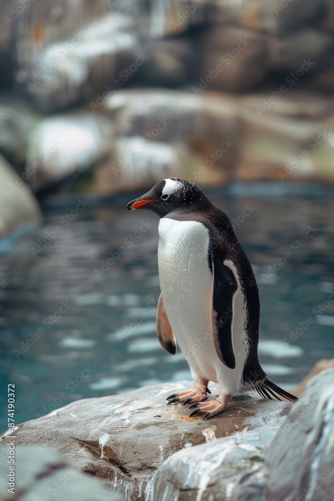 Naklejka premium A penguin stands on a rock beside a calm body of water, showcasing its unique waddling pose