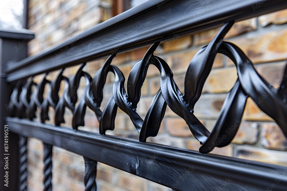 Intricately Designed Black Wrought Iron Fence Against a Brick Wall Intricately Designed Black Wrought Iron Fence Against a Brick Wall