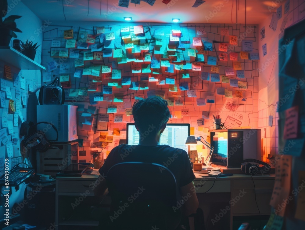 Hacker with a desktop full of sticky notes and code snippets, dim room, Hacker with computer, chaotic cyber workspace Hacker with a desktop full of sticky notes and code snippets, dim room, Hacker with computer, chaotic cyber workspace
