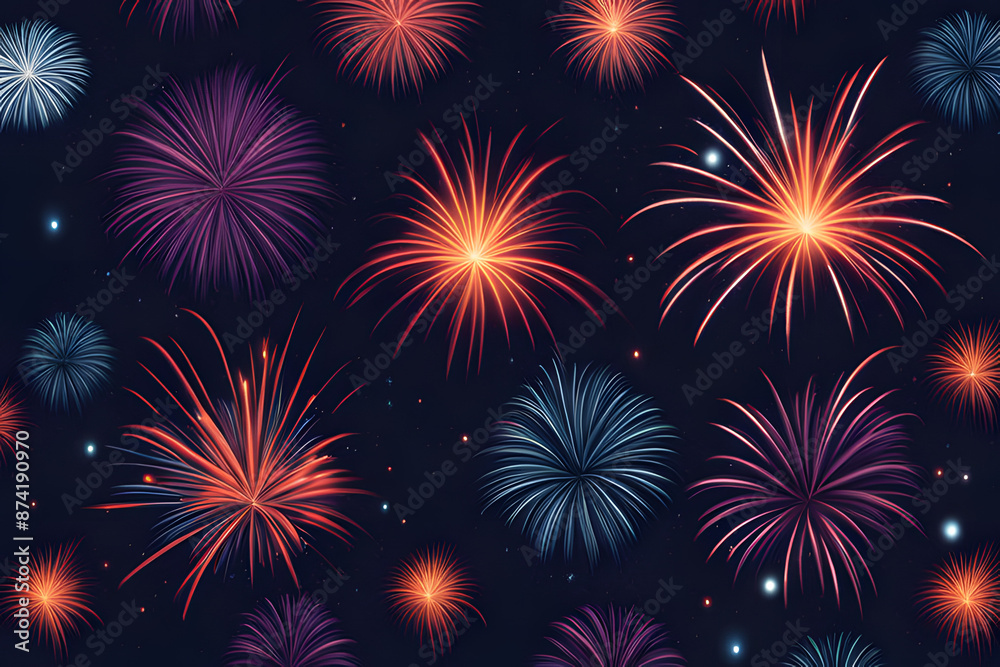 Naklejka premium Explosions of light ignite the night sky in this breathtaking firework display. Streaks of vibrant color dance and swirl against the inky black canvas, creating a mesmerizing spectacle. 