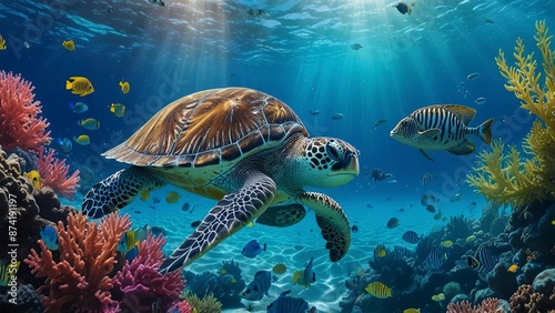 A Serene Underwater Scene with Tropical Fish and Sea Turtle