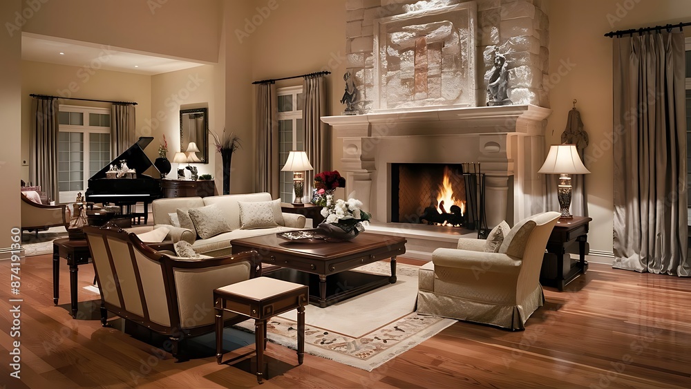 Obraz premium living room with fireplace in luxury home