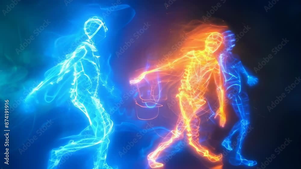 A digital art piece showcasing two neon figures in blue and orange hues walking under a dark sky. The figures, one blue and one orange, appear to be in motion, creating a dynamic, futuristic scene. A digital art piece showcasing two neon figures in blue and orange hues walking under a dark sky. The figures, one blue and one orange, appear to be in motion, creating a dynamic, futuristic scene.