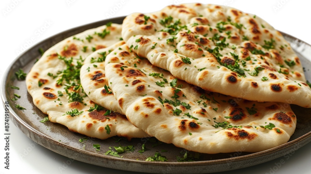 A plate of flatbreads topped with fresh parsley, great for appetizers or snacks A plate of flatbreads topped with fresh parsley, great for appetizers or snacks