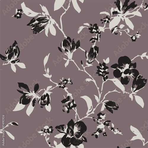 Big flowers pattern, upscale floral pattern. graphical textures floral, trendy colors pattern,Monochrome, flowers background with leaves. vector illustration.