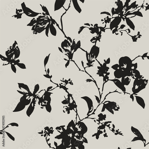 Big flowers pattern, upscale floral pattern. graphical textures floral, trendy colors pattern,Monochrome, flowers background with leaves. vector illustration.