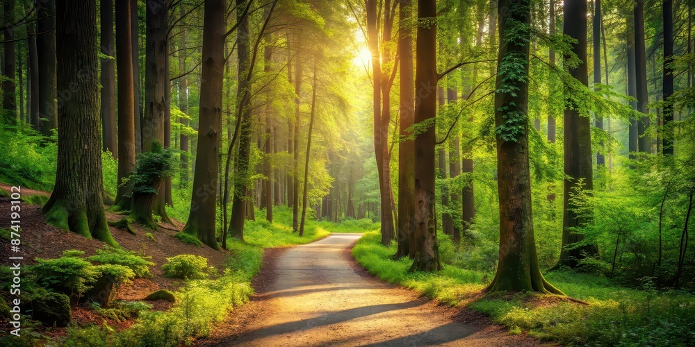 Fototapeta premium Tranquil path winding through a peaceful forest, woods, trail, peaceful, nature, walkway, serene, journey, trees, pathway