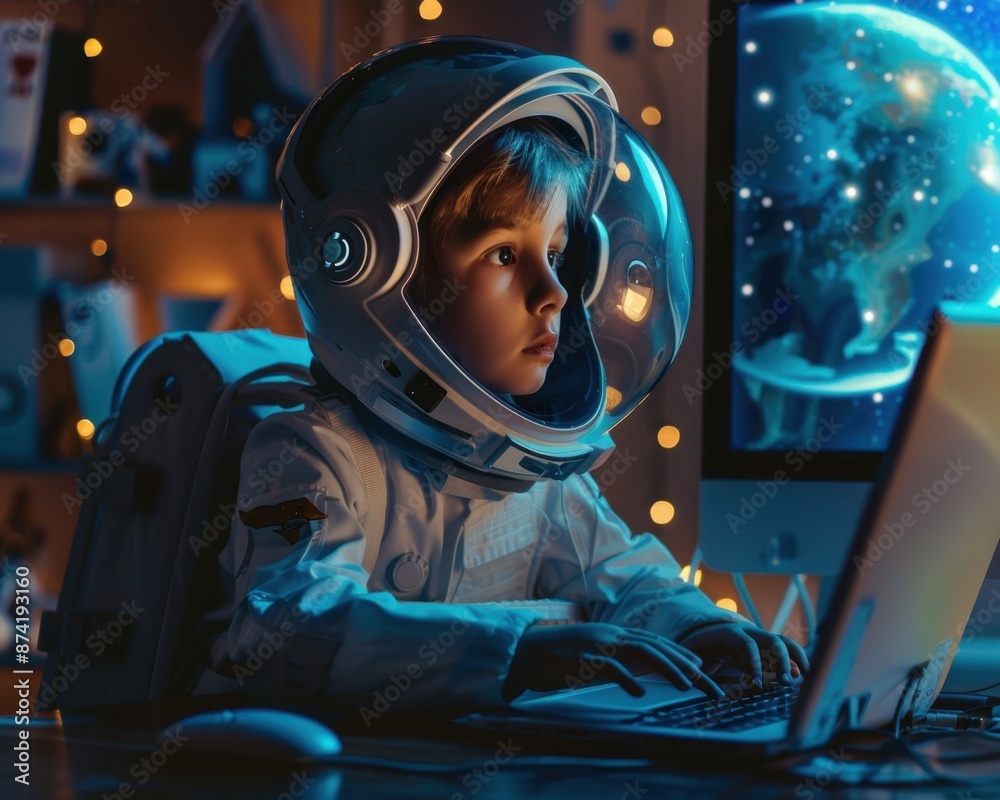 Kid exploring spacethemed educational software, Kid with computer, blending learning with imagination Kid exploring spacethemed educational software, Kid with computer, blending learning with imagination