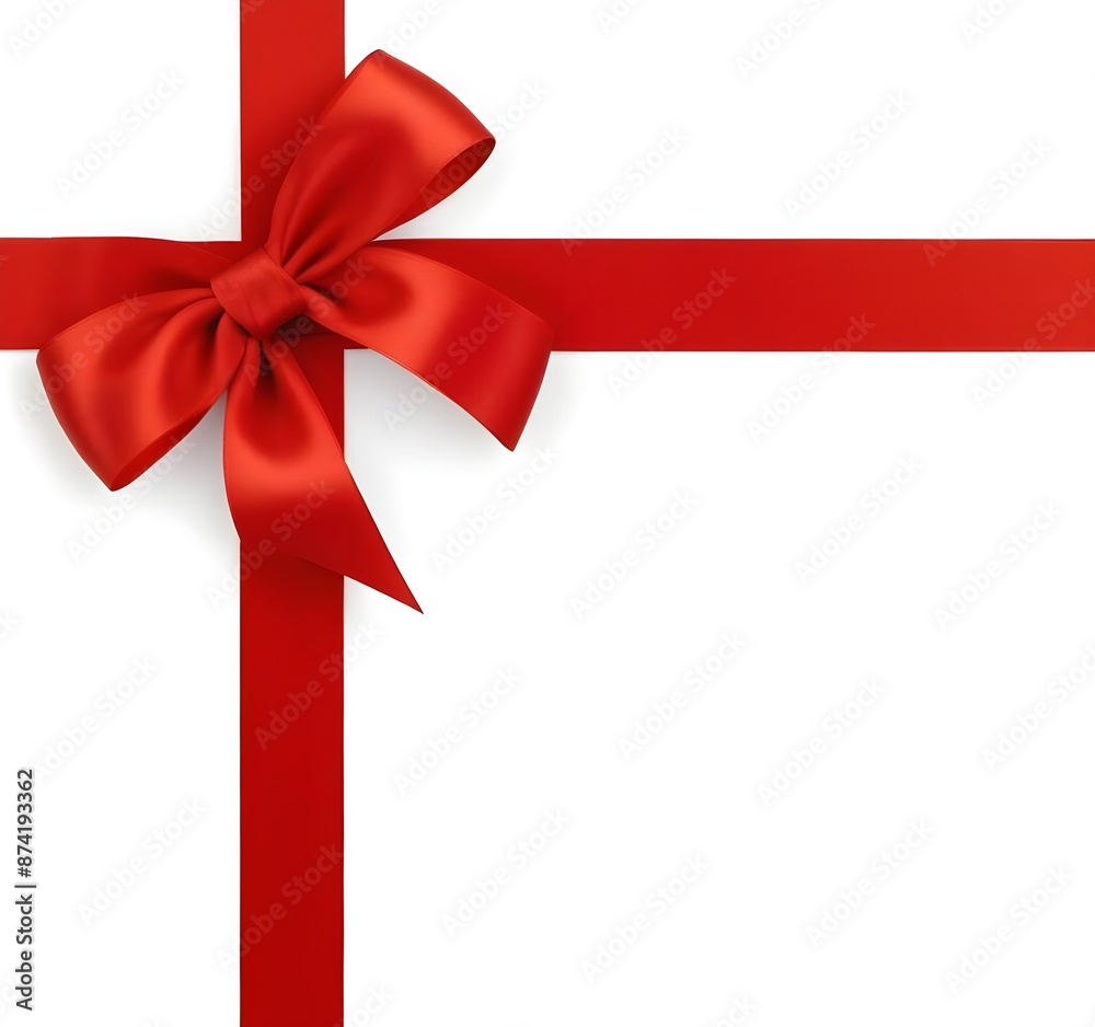 Red bow and ribbon on the lid of a white gift box with copy space Red bow and ribbon on the lid of a white gift box with copy space