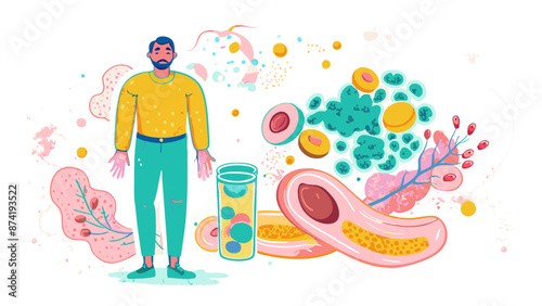 Colorful Illustration of Man with Immune System and Healthy Foods