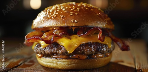 Close Up Of A Bacon Cheeseburger On A Wooden Table