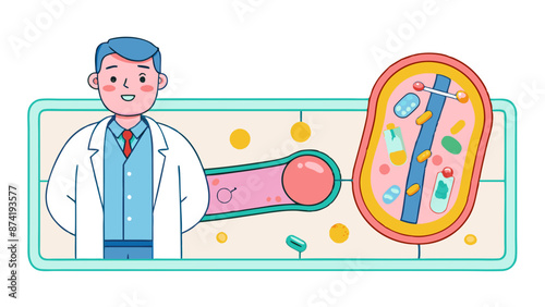 Smiling Cartoon Doctor Explaining Cell and Bacteria Illustration