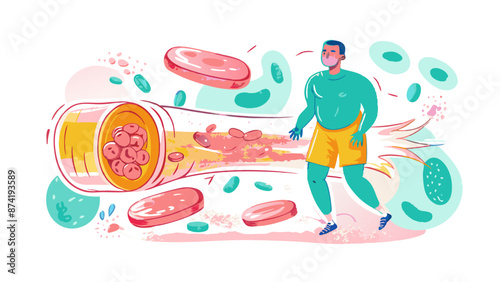 Athletic Man Facing a Wave of Pills and Supplements
