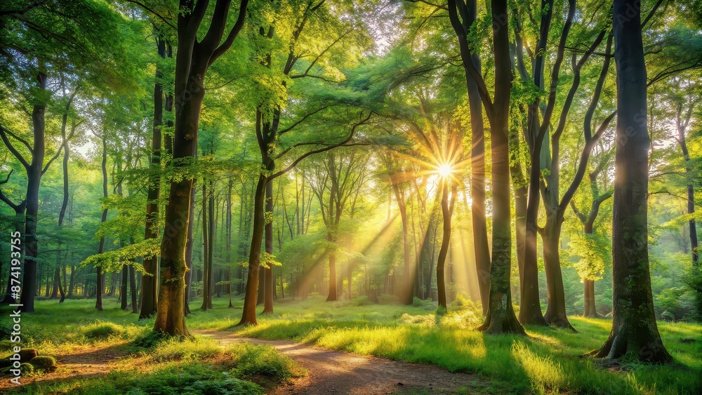 Fototapeta premium Tranquil scene of a serene forest with dappled sunlight filtering through the trees, nature, peaceful, beauty, trees