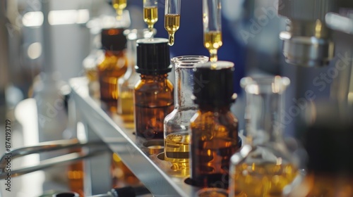 Bottles filled with a clear liquid with dripping drops of golden liquid from pipettes on a laboratory production line