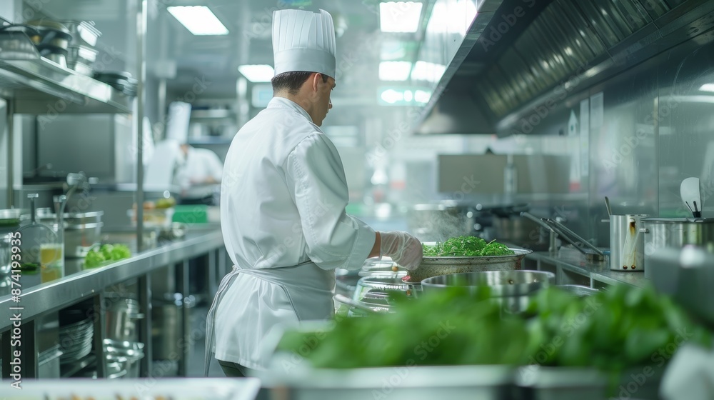 Chef in White Uniform Preparing Food in Restaurant Kitchen Chef in White Uniform Preparing Food in Restaurant Kitchen