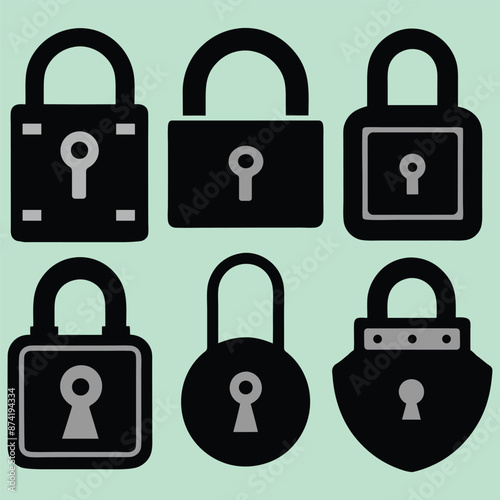 Lock and unlock icon privacy symbol set in black and white color in simple style. Set of close and open locks. Lock icon collection. Locked and unlocked black icon. Lock icon set silhouette.