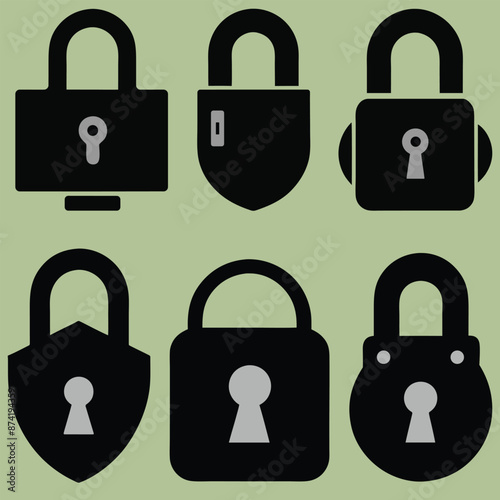 Lock and unlock icon privacy symbol set in black and white color in simple style. Set of close and open locks. Lock icon collection. Locked and unlocked black icon. Lock icon set silhouette.