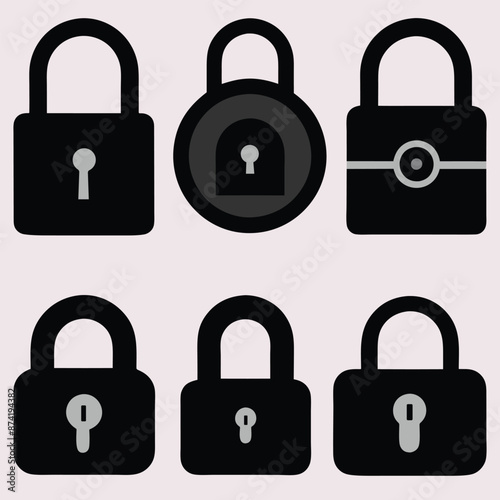 Lock and unlock icon privacy symbol set in black and white color in simple style. Set of close and open locks. Lock icon collection. Locked and unlocked black icon. Lock icon set silhouette.