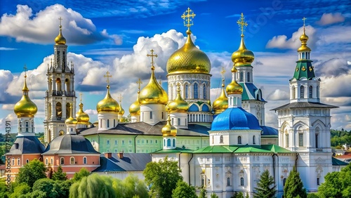 Sergiev Posad. Russia. June 07, 2022. View of the gilded domes of the Orthodox churches of the Trinity-Sergius Lavra. The famous monastery was founded in 1337.