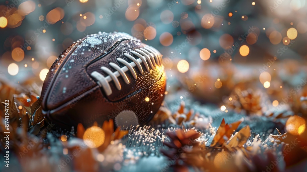 Close up of a brown, leather football covered in snow Close up of a brown, leather football covered in snow
