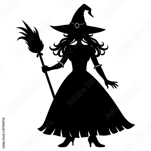 Vector illustrations of silhouette Halloween witch broomstick isolated on white background.