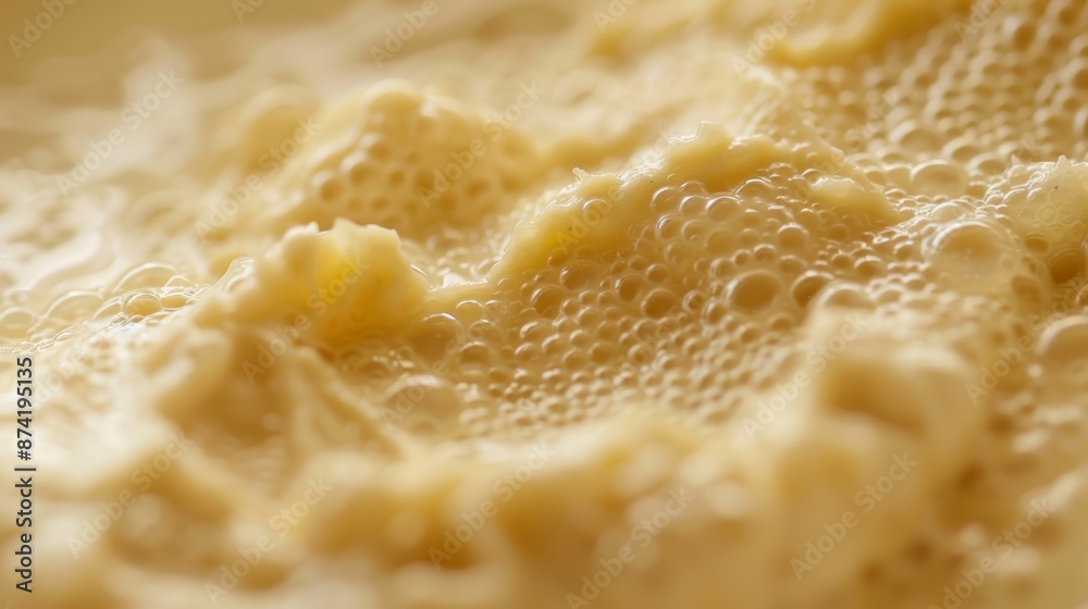 Close-Up Macro Image of Yellow Creamy Liquid with Air Bubbles, Featuring a Textured and Abstract Pattern