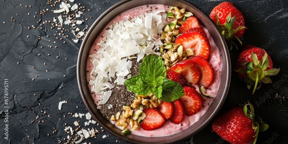 A delicious-looking strawberry yogurt bowl garnished with nuts, perfect for a healthy snack or breakfast A delicious-looking strawberry yogurt bowl garnished with nuts, perfect for a healthy snack or breakfast