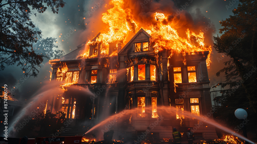 Fototapeta premium The house caught fire due to an electrical short circuit, fire engines sprayed water