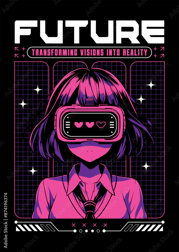 Obraz premium Anime girl poster in manga style. Tokyo Japan anime girl with concept of virtual reality,retro,futurism,futuristic,cyberpunk. Japanese y2k vector illustration. Kanji translation is Kawaii or Cute 