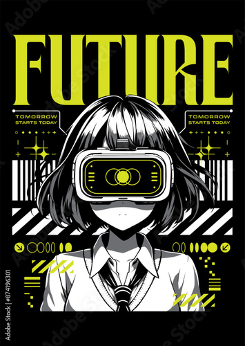 Anime girl poster in manga style. Tokyo Japan anime girl with concept of virtual reality,retro,futurism,futuristic,cyberpunk. Japanese y2k vector illustration. Kanji translation is Kawaii or Cute 