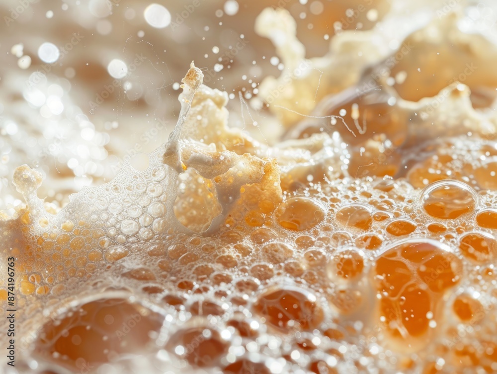 Closeup of Sparkling Bubbles in a Creamy Golden Liquid, Perfect for Refreshing Beverages or Cosmetics Closeup of Sparkling Bubbles in a Creamy Golden Liquid, Perfect for Refreshing Beverages or Cosmetics