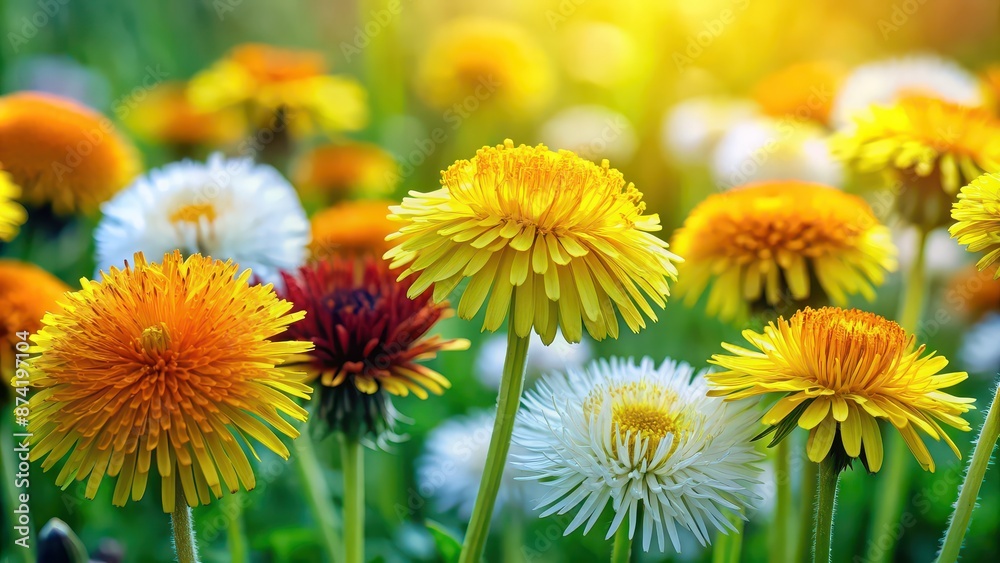 Vibrant and detailed of dandelion flowers at different stages of bloom , artistic, colorful, dandelion, flowers Vibrant and detailed of dandelion flowers at different stages of bloom , artistic, colorful, dandelion, flowers