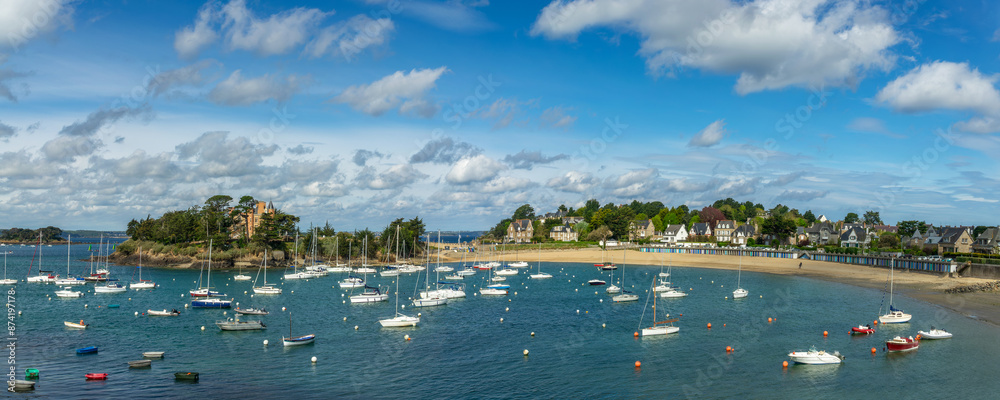 Panoramic view of the castle, the beach and the natural harbor of Saint-Briac-sur-Mer, llle-et-Vilaine, Brittany, France